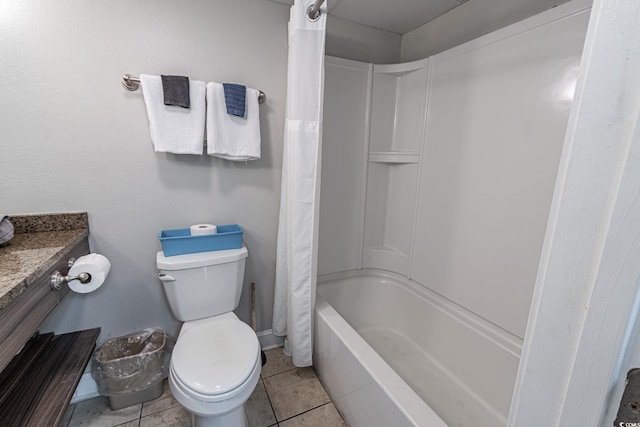 bathroom with tile patterned flooring, toilet, shower / tub combo, and baseboards