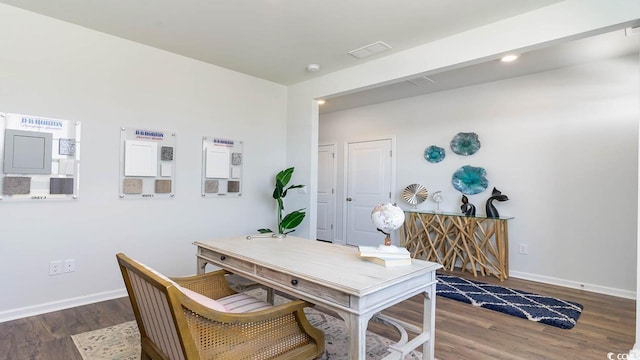 home office featuring dark wood-type flooring