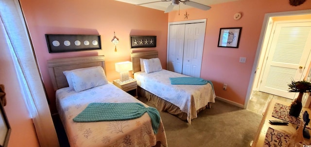 carpeted bedroom featuring ceiling fan and a closet