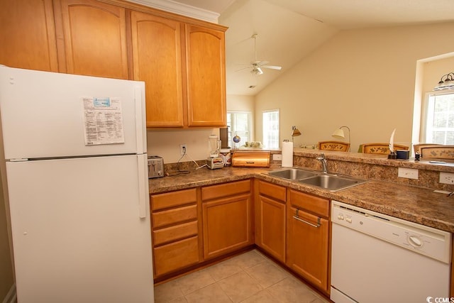 kitchen featuring a healthy amount of sunlight, white appliances, ceiling fan, and sink