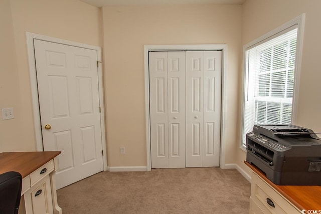 home office featuring a wealth of natural light and light colored carpet