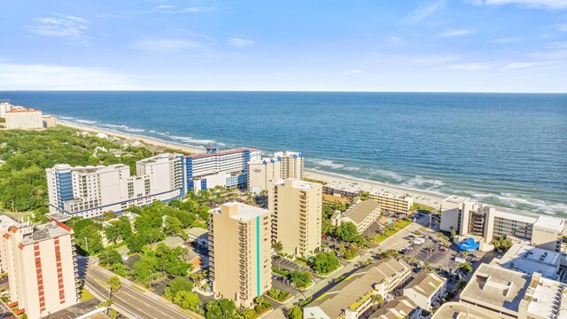 bird's eye view featuring a view of the beach and a water view