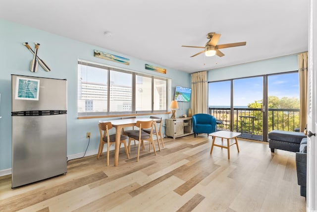 interior space featuring ceiling fan, a wealth of natural light, and light hardwood / wood-style flooring