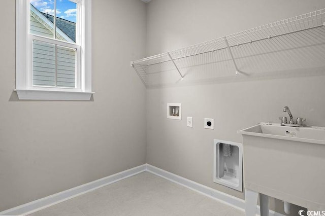 clothes washing area with hookup for an electric dryer, hookup for a washing machine, and sink