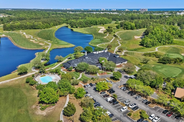 bird's eye view with a water view