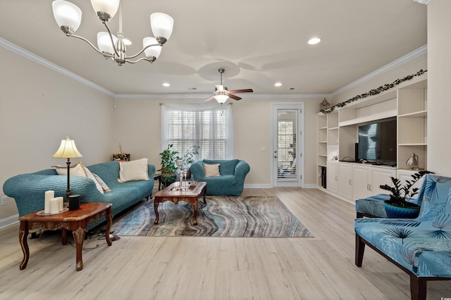 living room featuring crown molding, ceiling fan with notable chandelier, and light hardwood / wood-style flooring