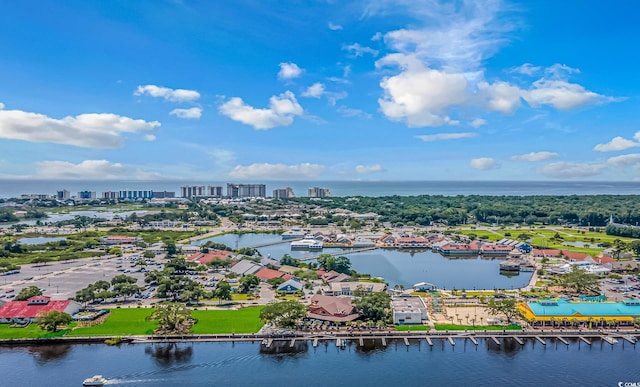 bird's eye view with a water view