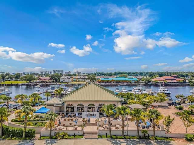 aerial view featuring a water view