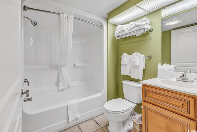 full bathroom featuring shower / tub combo, tile patterned flooring, vanity, and toilet