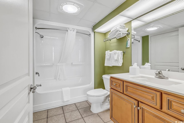 full bathroom with shower / bath combo, vanity, toilet, and tile patterned floors