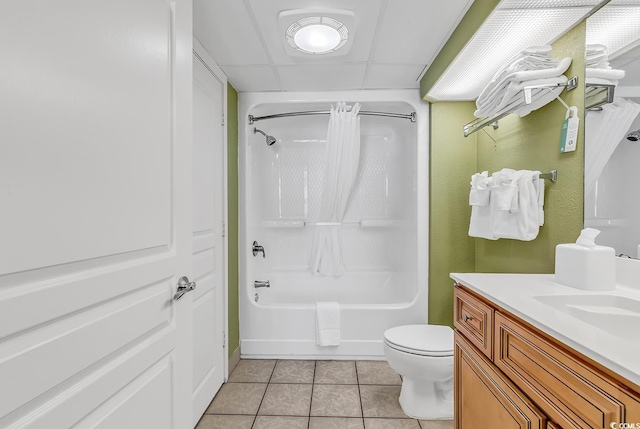 full bathroom with shower / bathtub combination with curtain, toilet, vanity, and tile patterned floors