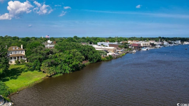 birds eye view of property featuring a water view