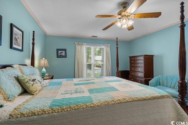 bedroom featuring ornamental molding and ceiling fan