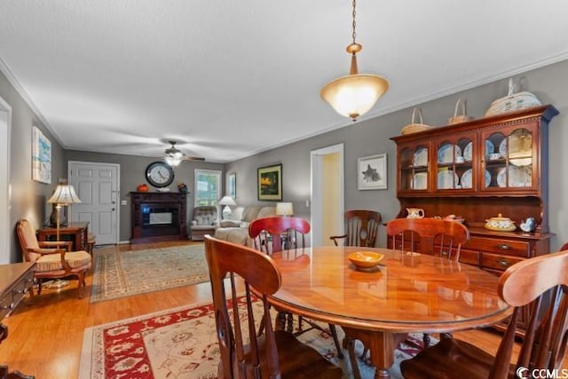 dining space with ceiling fan, ornamental molding, and hardwood / wood-style floors