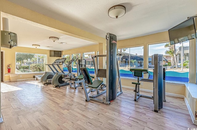 gym featuring a textured ceiling, a healthy amount of sunlight, and light hardwood / wood-style flooring