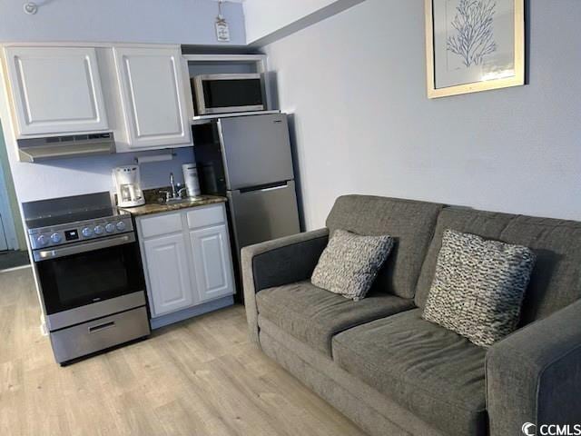 kitchen with white cabinets, sink, ventilation hood, stainless steel appliances, and light hardwood / wood-style floors