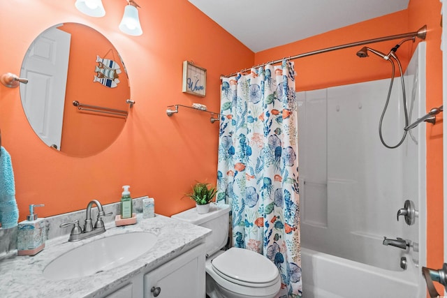 full bathroom with vanity, toilet, and shower / bath combination with curtain