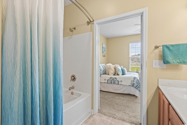 bathroom with vanity, tile patterned floors, and shower / bathtub combination with curtain