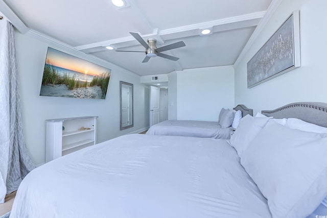 bedroom with ceiling fan and crown molding