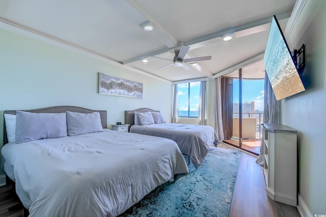 bedroom with ceiling fan, crown molding, and hardwood / wood-style floors