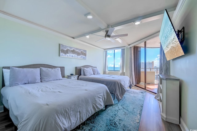 9650 Shore Dr Unit 902, Myrtle Beach, SC 29572 - bedroom featuring access to exterior, baseboards, recessed lighting, wood finished floors, and ornamental molding
