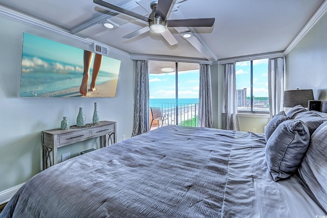 bedroom with access to outside, crown molding, and ceiling fan