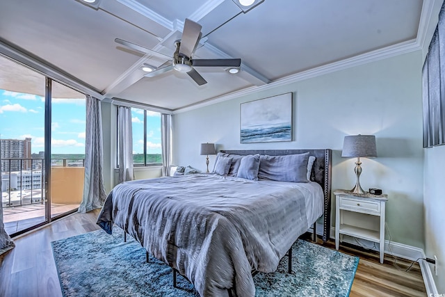 bedroom featuring access to outside, crown molding, wood-type flooring, and ceiling fan