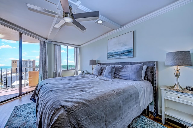 bedroom featuring ornamental molding, ceiling fan, hardwood / wood-style flooring, and access to outside