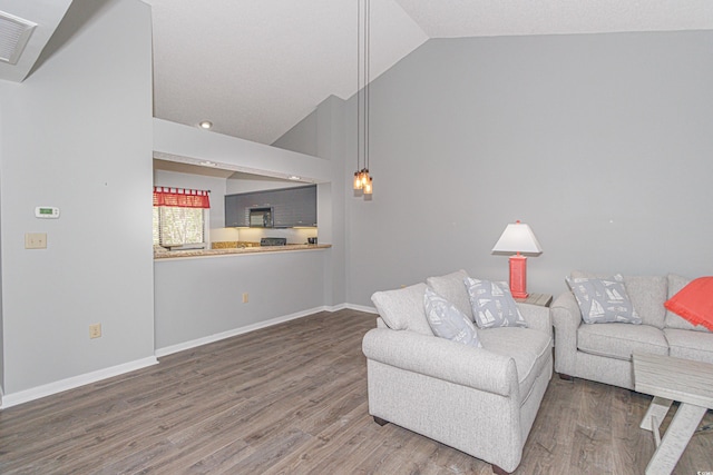 living room with hardwood / wood-style floors and high vaulted ceiling