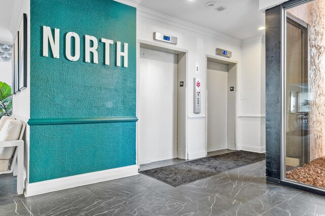 2500 N Ocean Blvd Unit 605, Myrtle Beach, SC 29577 - interior space with elevator, marble finish floor, and ornamental molding