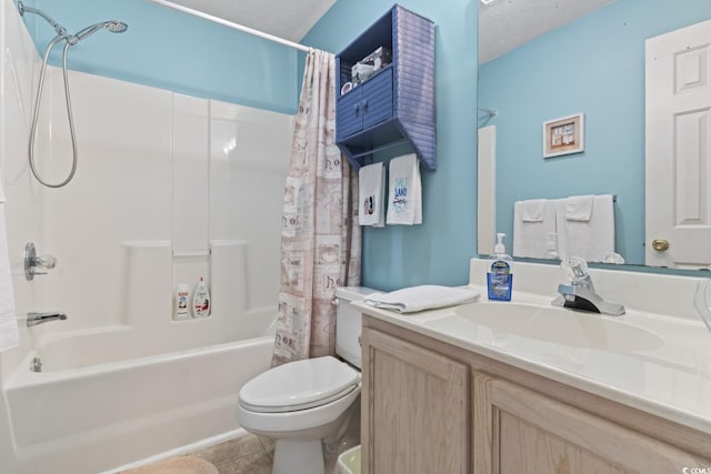 full bath with a textured ceiling, toilet, vanity, tile patterned floors, and shower / bath combination with curtain