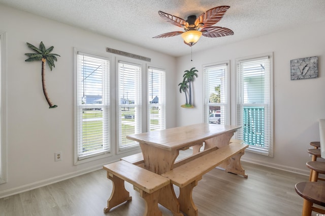 dining space featuring light wood-type flooring, ceiling fan, and a healthy amount of sunlight