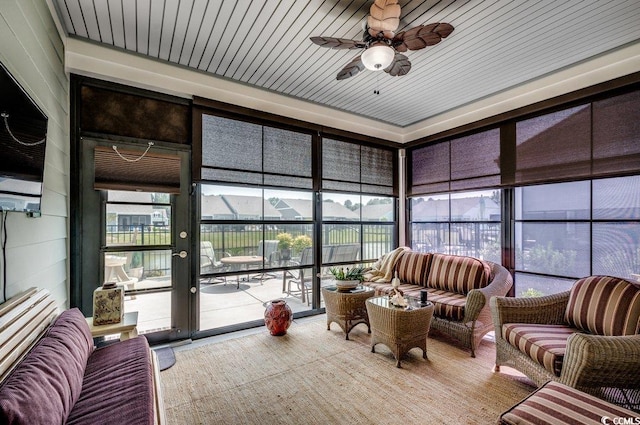 sunroom featuring ceiling fan and wooden ceiling