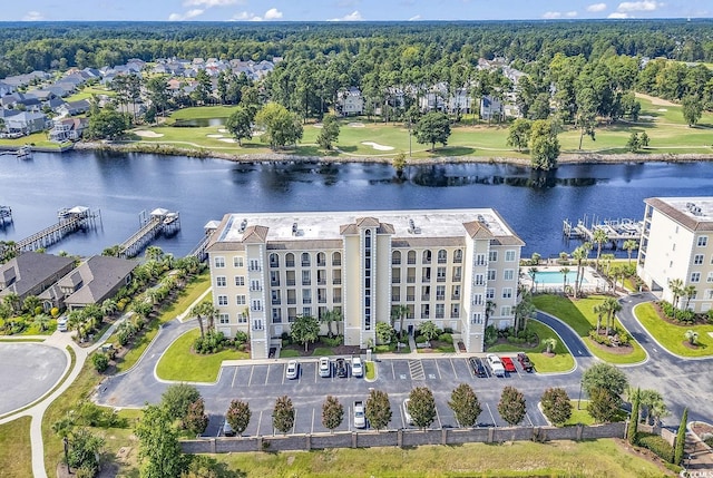 bird's eye view with a water view