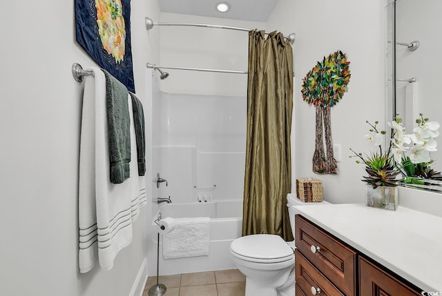 full bath featuring tile patterned floors, shower / bath combination with curtain, vanity, and toilet