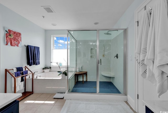 full bath with vanity, visible vents, a stall shower, tile patterned flooring, and a bath