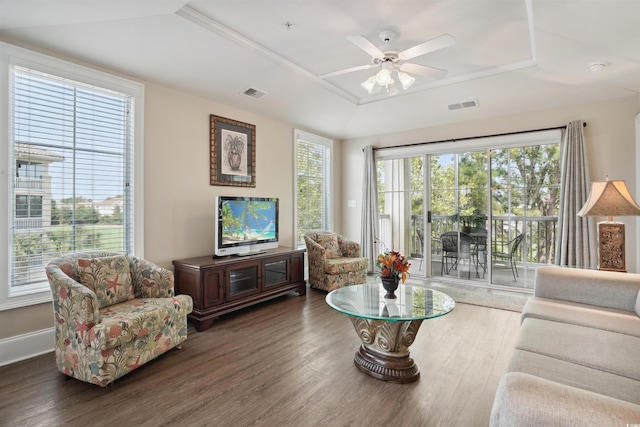 living room featuring a raised ceiling, dark hardwood / wood-style flooring, and ceiling fan