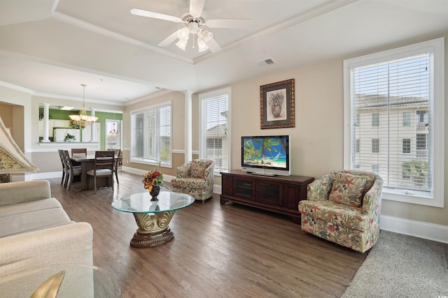 living room with ceiling fan with notable chandelier, a raised ceiling, dark hardwood / wood-style flooring, and crown molding