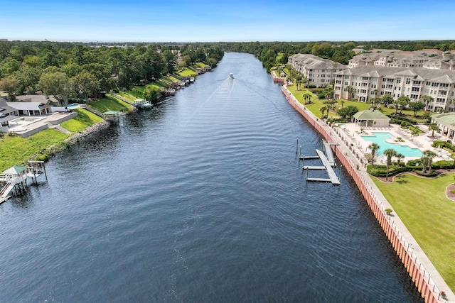 bird's eye view with a water view