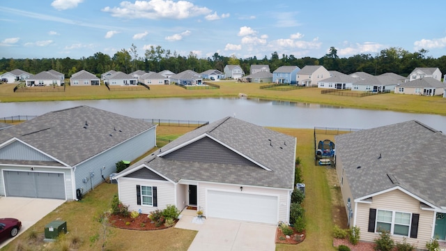 ranch-style home with a water view and a garage