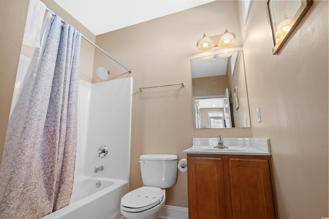 full bathroom featuring vanity, shower / bath combination with curtain, and toilet