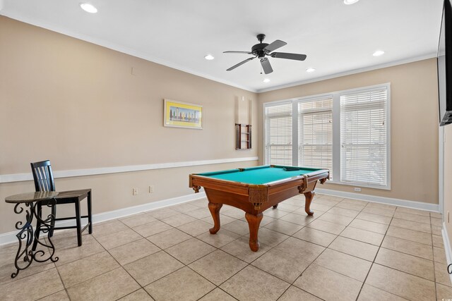 rec room with billiards, ornamental molding, ceiling fan, and light tile patterned flooring