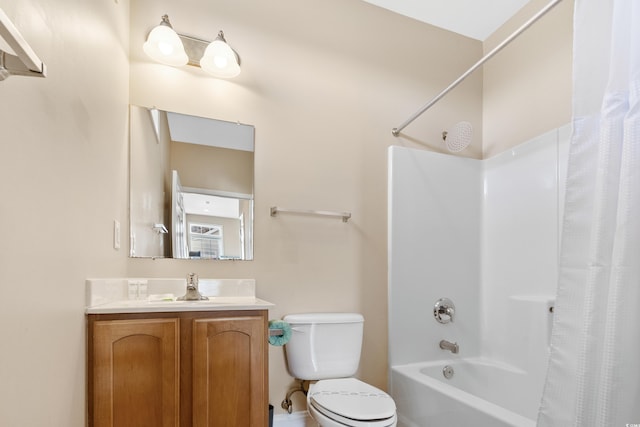 full bathroom with vanity, shower / bathtub combination with curtain, and toilet