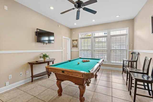 recreation room featuring ceiling fan, billiards, and light tile patterned floors