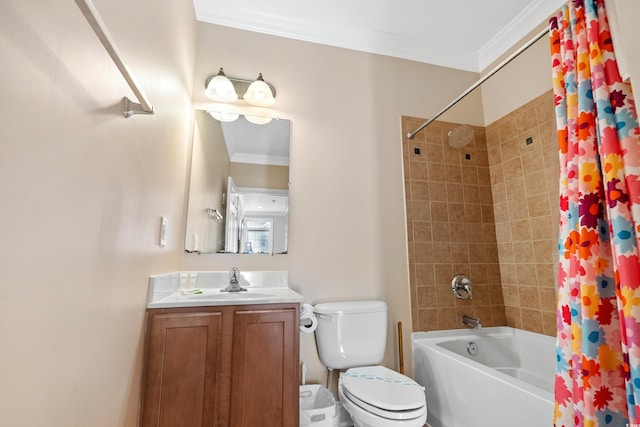 full bathroom with vanity, ornamental molding, toilet, and shower / bath combo