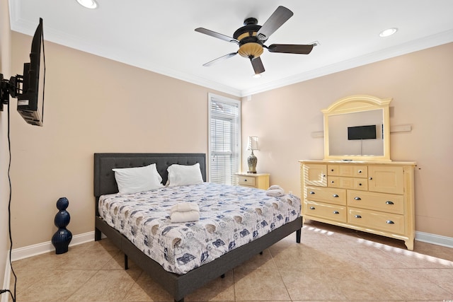 tiled bedroom featuring ornamental molding and ceiling fan