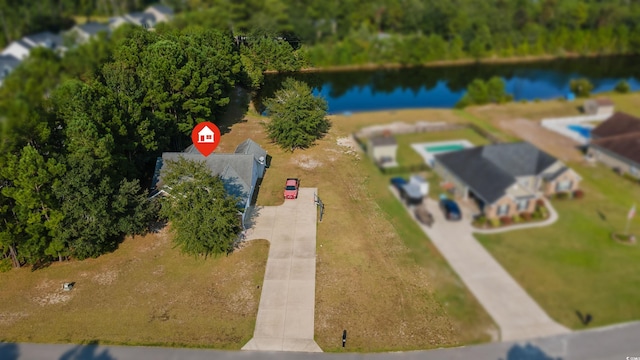 aerial view featuring a water view