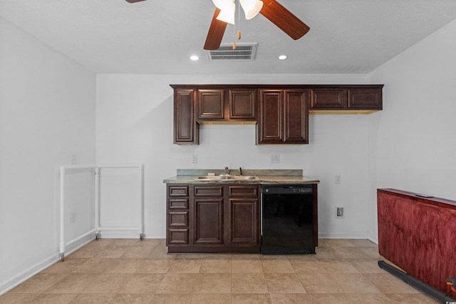 kitchen with sink, black dishwasher, light tile patterned flooring, ceiling fan, and dark brown cabinetry