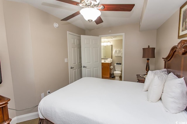 bedroom with connected bathroom and ceiling fan