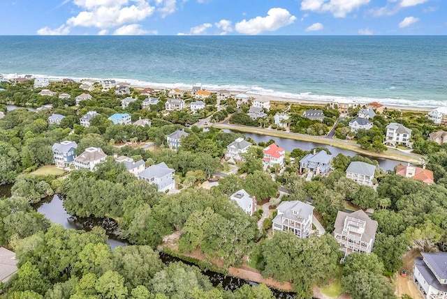 aerial view featuring a water view and a beach view